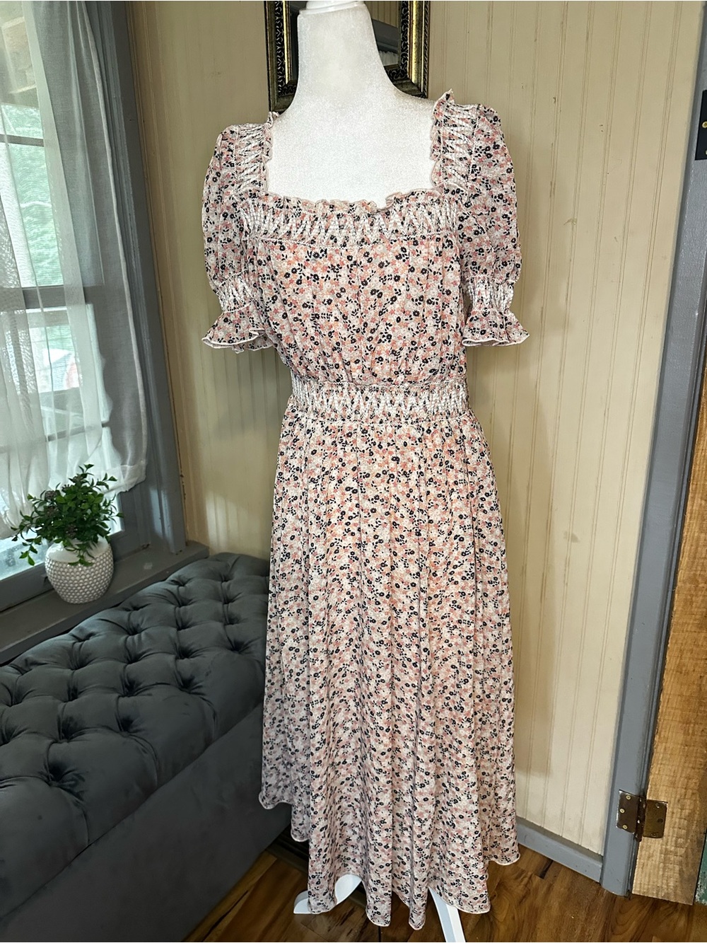 Kate & Lily Floral Smocked Midi Dress Womens Size 8 Prairie Cottagecore